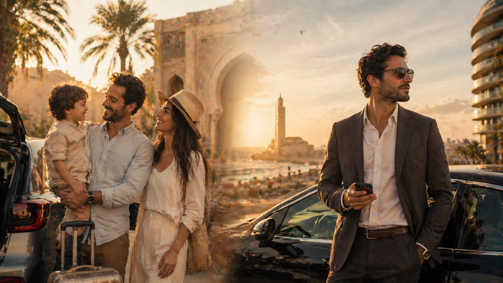 Moroccan golden hour scene with travelers